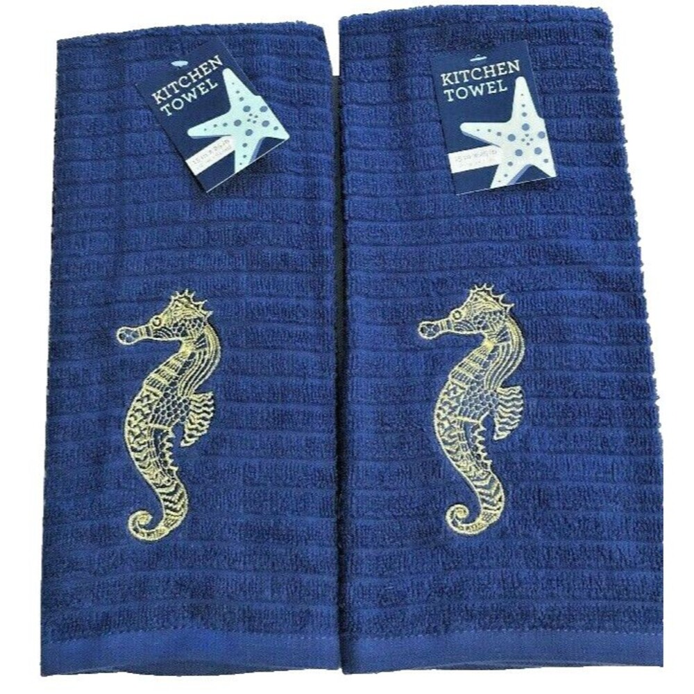 Seahorse Navy Nautical Dish Towels Gold Embroidered Beach House Set of 2